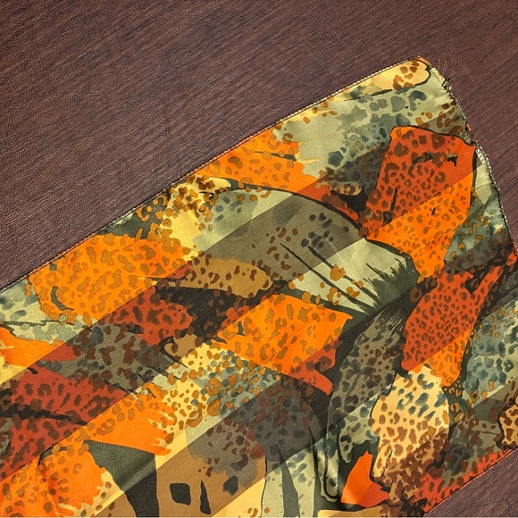 Orange Scarf 13x58 long Orange, Green, Yellow believe to be polyester preowned - Picture 6 of 6